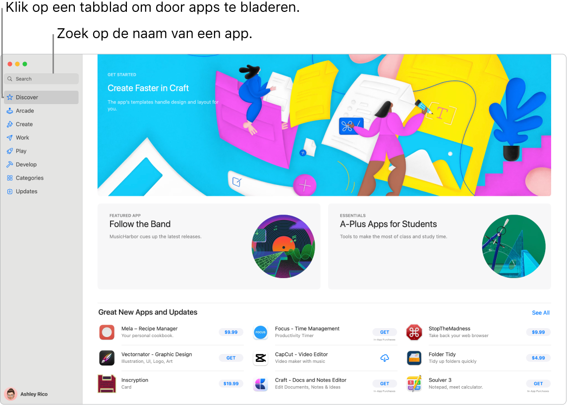 Het App Store-venster met het zoekveld en een pagina met Safari-extensies.