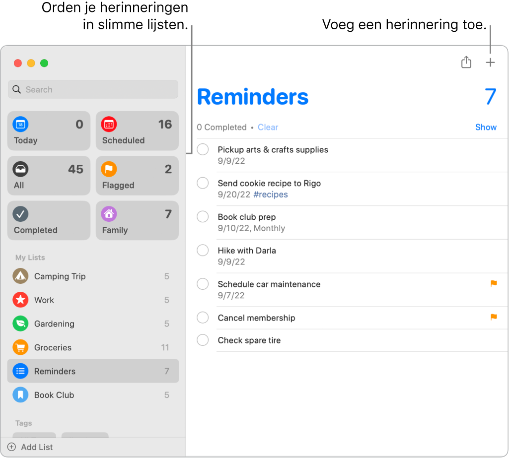 Een Herinneringen-venster met slimme lijsten aan de linkerkant en daaronder andere herinneringen en lijsten. De aanwijzer staat in een herinnering. Je ziet bijschriften voor de slimme lijsten en de knop 'Voeg een nieuwe herinnering toe'.
