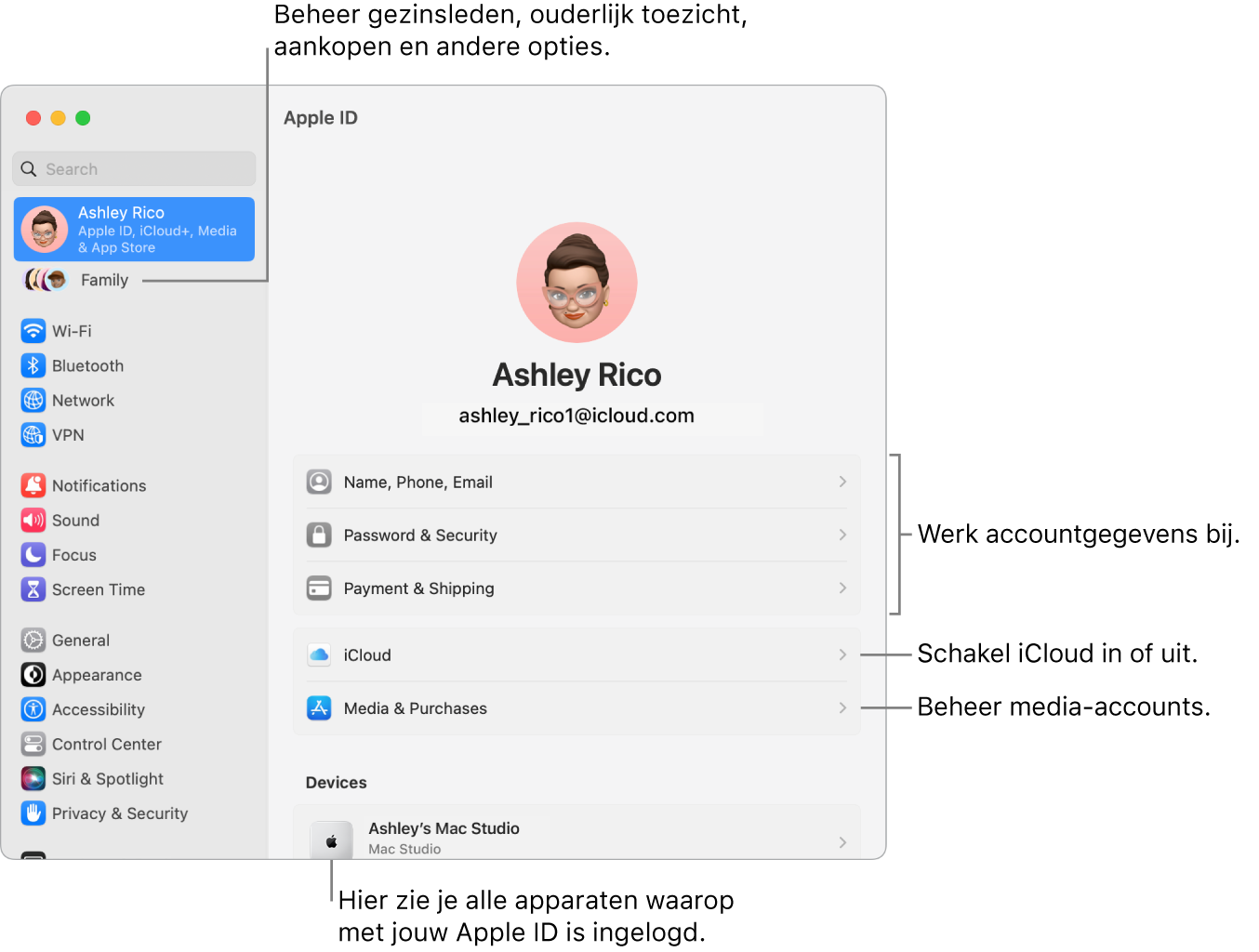 De instellingen voor de Apple ID in Systeeminstellingen, met bijschriften voor de opties waarmee je je accountgegevens bijwerkt, iCloud-voorzieningen in- of uitschakelt, media-accounts beheert en gezinsinstellingen wijzigt om gezinsleden, ouderlijk toezicht, aankopen en andere opties te beheren.