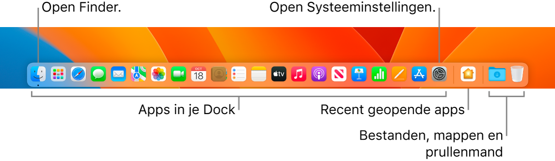 Het Dock, met daarin de Finder, Systeeminstellingen en de lijn in het Dock die apps van bestanden en mappen scheidt.