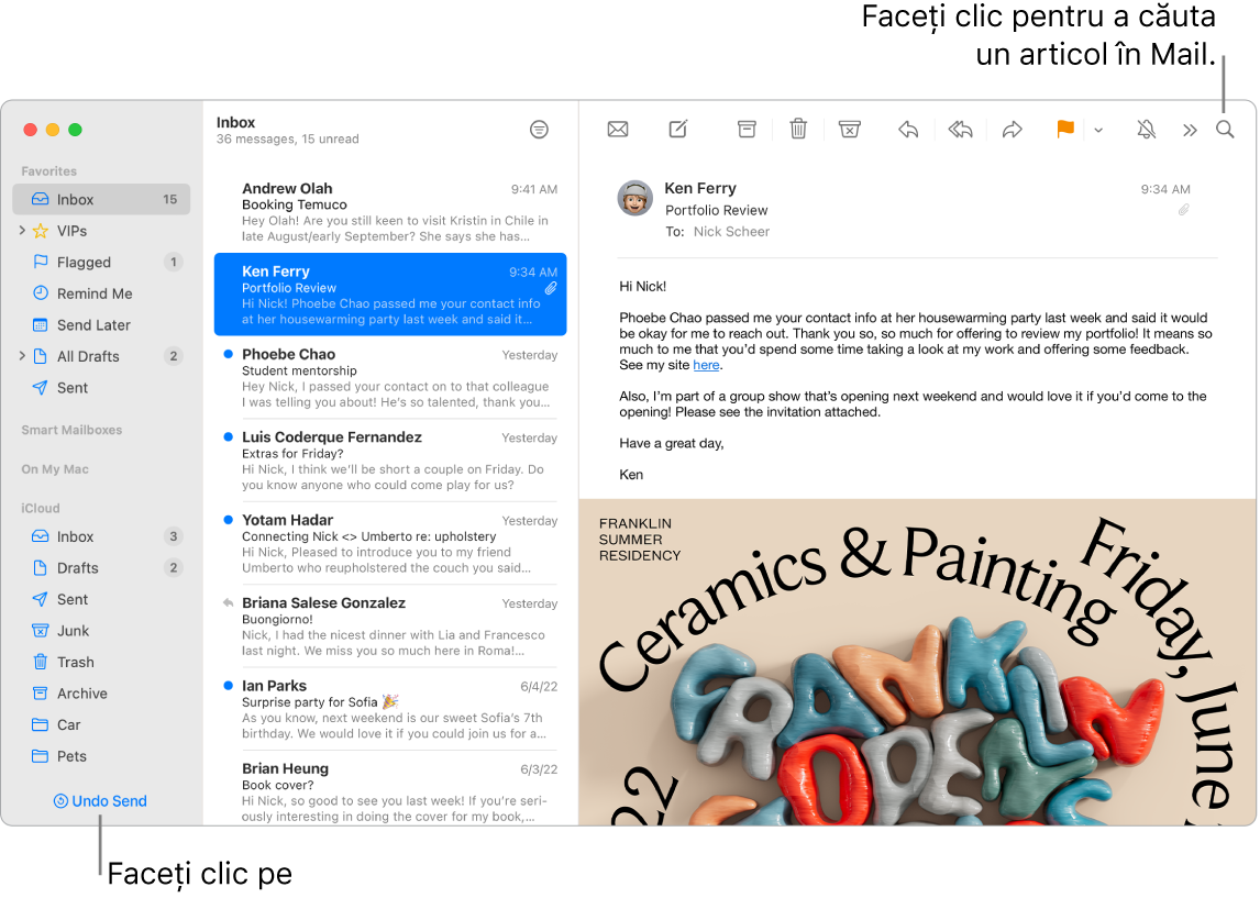 O fereastră a aplicației Mail afișând în stânga bara laterală cu dosarele Favorite, Cutii inteligente și iCloud, lista de mesaje lângă bara laterală și conținutul mesajului selectat în dreapta.