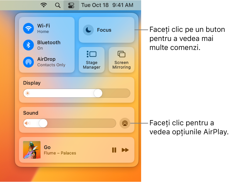 Vizualizare mărită a centrului de control de pe Mac.