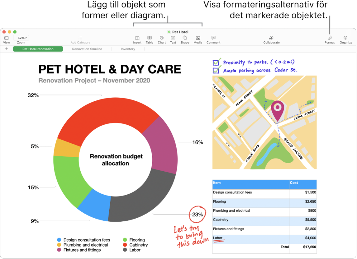 Ett Numbers-fönster som visar verktygsfältet med redigeringsverktyg överst, samarbetsknappen uppe till höger och knapparna för format och organisering till höger.