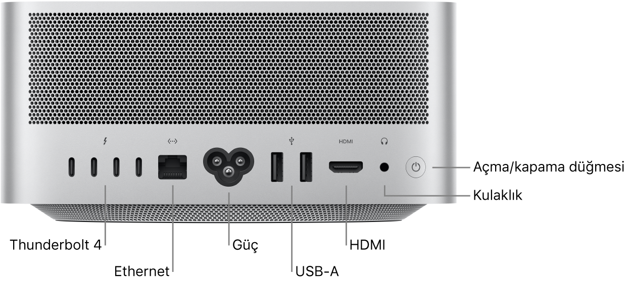 Mac Studio’nun dört Thunderbolt 4 (USB-C) kapısının, Gigabit Ethernet kapısının, güç kapısının, iki adet USB-A kapısının, HDMI kapısının, 3,5 mm kulaklık jakının ve güç düğmesinin görüldüğü arka tarafı.