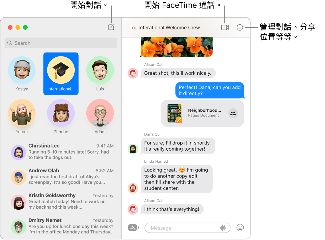 「訊息」視窗，顯示如何開始對話以及如何開始 FaceTime 通話。