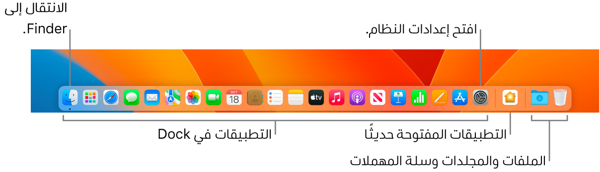 شريط الأيقونات يعرض فايندر، وإعدادات النظام، والخط الذي يفصل بين التطبيقات وبين الملفات والمجلدات في شريط الأيقونات.