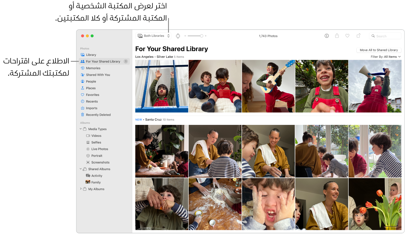 نافذة الصور تعرض مكتبة صور iCloud المشتركة.