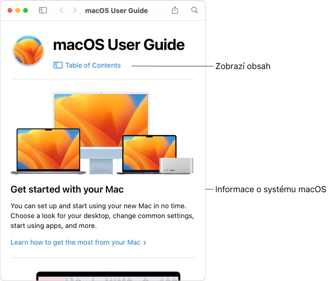 Úvodní stránka Uživatelské příručky pro macOS s odkazem na obsah