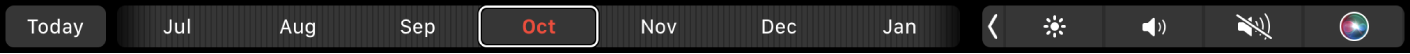 Touch Bar v Kalendáři s tlačítkem Dnes a jezdcem pro výběr měsíce