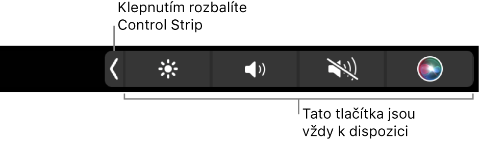 Část obrazovky s výchozím Touch Barem, na kterém se zobrazuje sbalený Control Strip s trvale dostupnými tlačítky jasu, hlasitosti a vypnutí zvuku. Klepnutím na rozbalovací tlačítko zobrazíte celý Control Strip