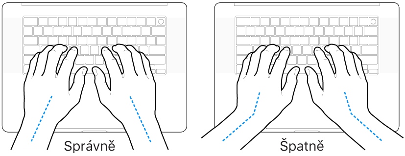 Ruce nad klávesnicí znázorňující správnou a nesprávnou polohu zápěstí