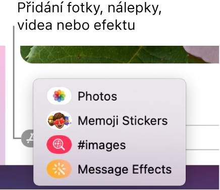 Nabídka Aplikace s volbami pro zobrazení fotek, nálepek s memoji, GIFů a efektů ve zprávách.