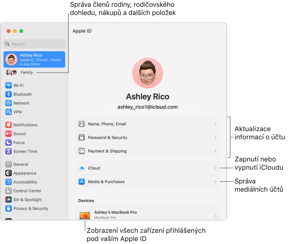 Volby Apple ID v Nastavení systému s popisky u ovládacích prvků pro aktualizaci informací o účtu, zapnutí nebo vypnutí různých funkcí iCloudu a správu účtů pro média a u volby Rodina, která vám umožňuje spravovat členy rodiny, rodičovský dohled, nákupy a další položky