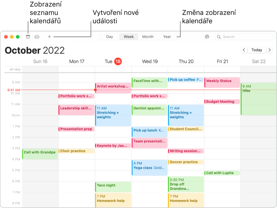 Okno aplikace Kalendář se seznamem kalendářů a popisky ukazujícími, kde můžete přidat událost nebo vybrat zobrazení Den, Týden, Měsíc či Rok