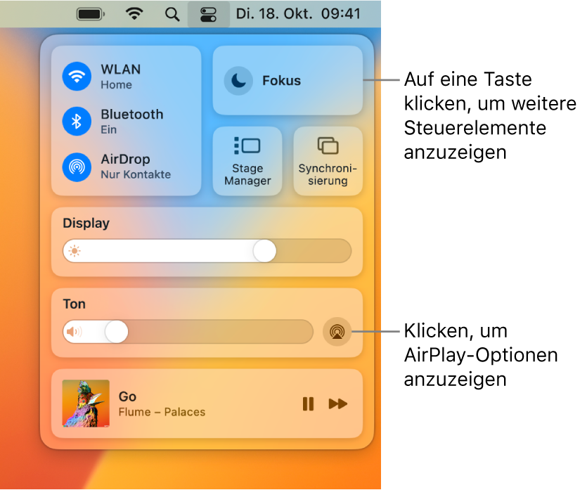 Vergrößerte Darstellung des Kontrollzentrums auf dem Mac mit Beschriftung der Taste „Monitor“.