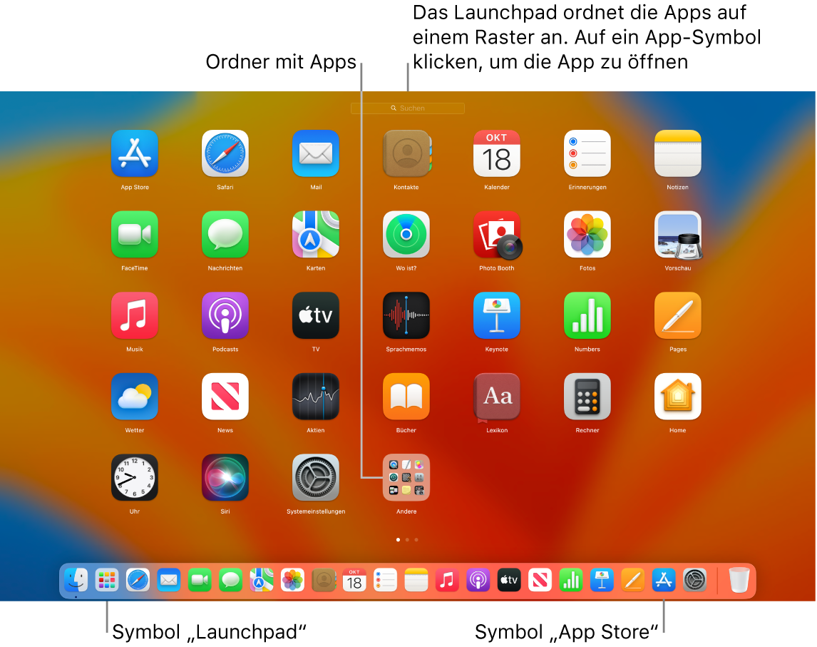 Ein Mac-Bildschirm mit geöffnetem Launchpad, mit einem Ordner mit Apps im Launchpad und dem Launchpad-Symbol und App Store-Symbol im Dock