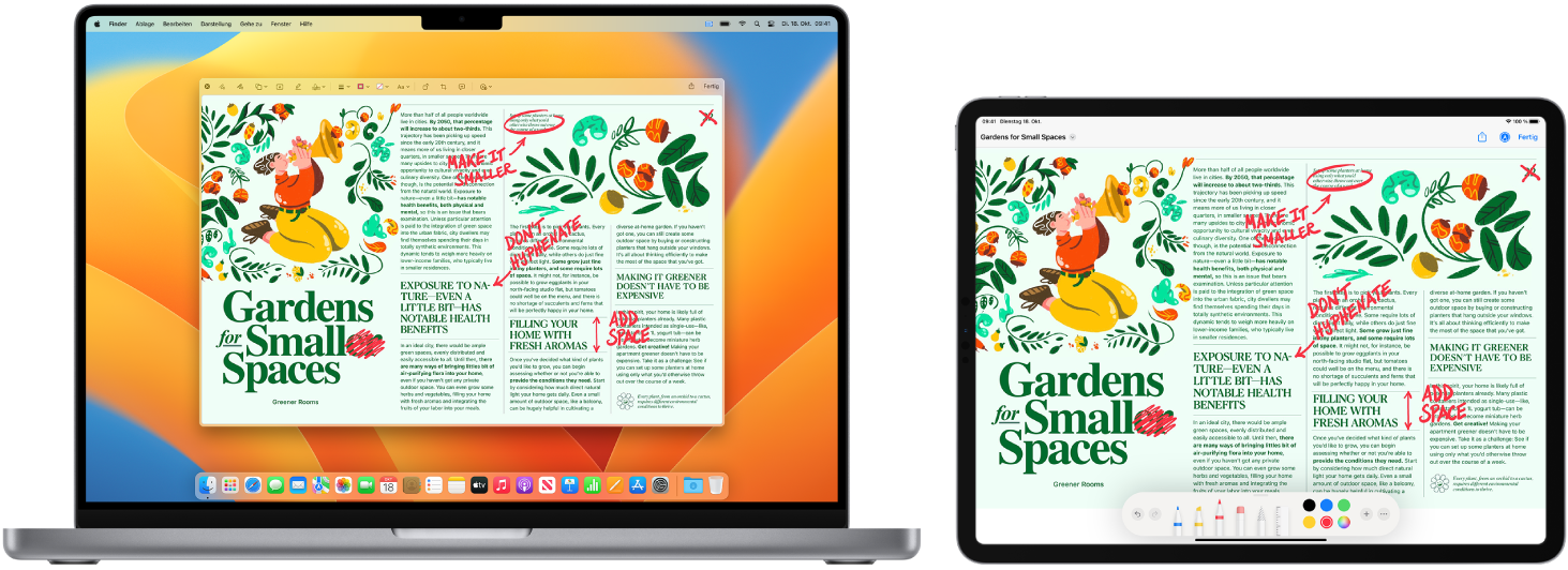 Ein MacBook Pro und ein iPad nebeneinander. Auf beiden Bildschirmen wird ein Artikel mit handschriftlichen, roten Markierungen wie durchgestrichenen Sätzen und hinzugefügten Wörtern angezeigt. Auf dem iPad-Bildschirm werden unten Steuerelemente für Markierungen angezeigt.