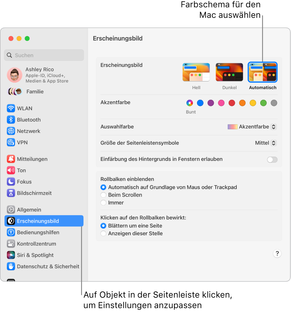 Das Fenster „Erscheinungsbild“ in den Systemeinstellungen.