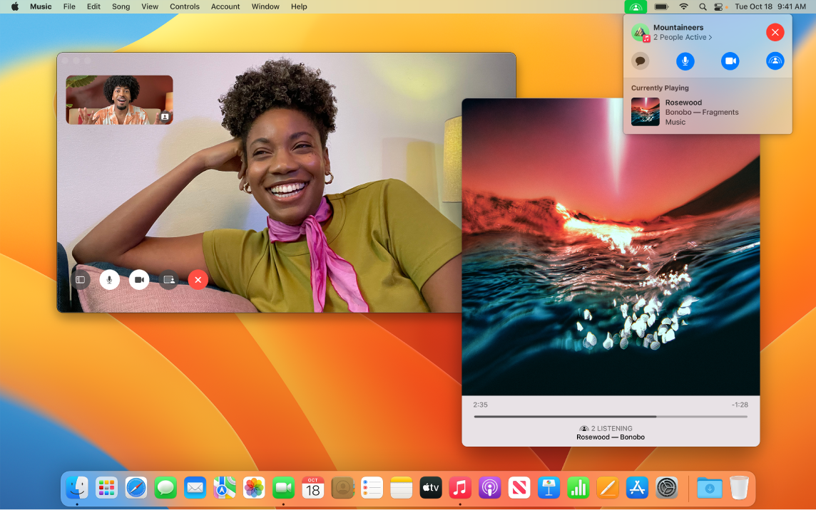 Una experiencia de escucha compartida con quienes participan en la ventana de FaceTime y una ventana de la app Música reproduciendo una canción.