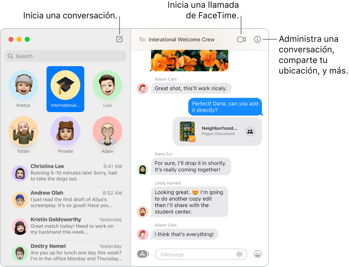 Ventana de Mensajes mostrando cómo comenzar una conversación y una llamada de FaceTime.