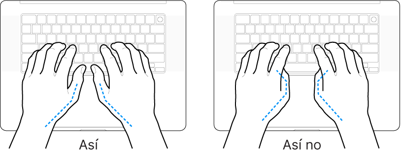 Manos posicionadas sobre un teclado, mostrando la alineación correcta e incorrecta de los pulgares.