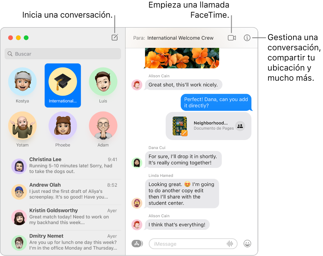 Una ventana de Mensajes donde se muestra cómo iniciar una conversación y cómo iniciar una llamada FaceTime.