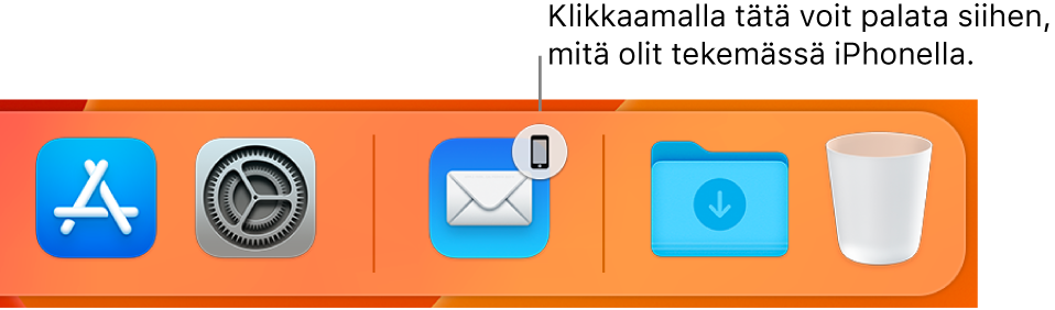 Handoff-kuvake näkyvissä Dockissa.