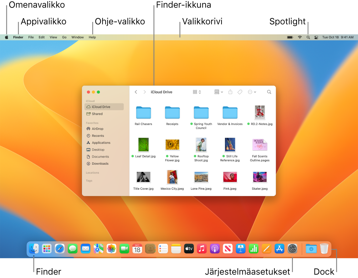 Macin näyttö, jossa näkyy Omenavalikko, Appivalikko, Ohje-valikko, Finder-ikkuna, valikkorivi, Spotlight-kuvake, Finder-kuvake, Järjestelmäasetukset-kuvake ja Dock.