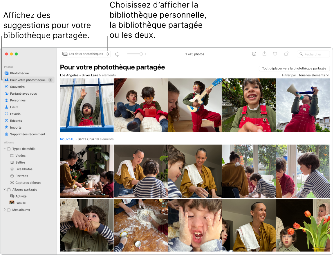 Fenêtre Photos montrant la photothèque partagée iCloud.