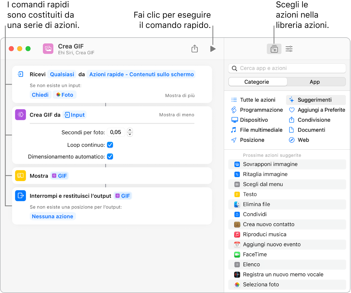L'editor del comando rapido “Crea GIF” a sinistra e la libreria di azioni a destra.