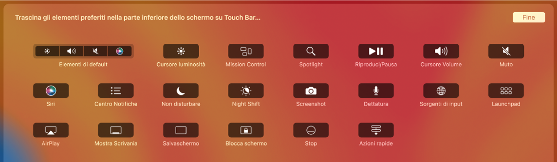 Gli elementi che puoi personalizzare in Control Strip, trascinandoli all'interno di Touch Bar.