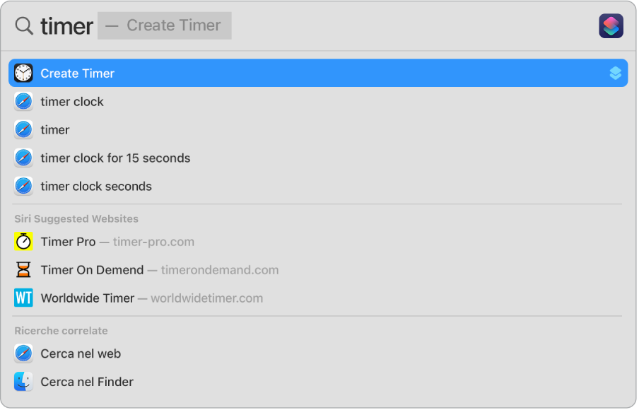 Una ricerca di Spotlight per “timer” con risultati per usare l'azione rapida “Crea timer”.