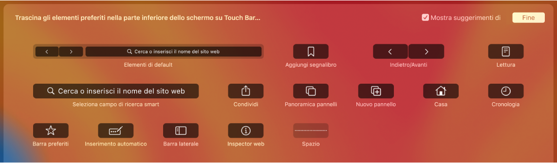 Le opzioni di personalizzazione in Safari che possono essere trascinate nella Touch Bar.