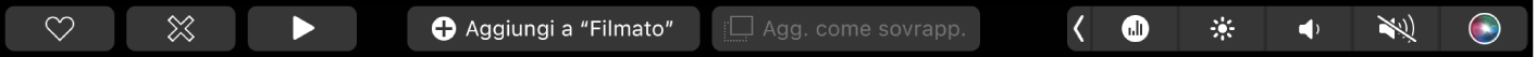 La Touch Bar di iMovie con i pulsanti per avviare la riproduzione, aggiungere un videoclip al filmato o per aggiungerlo come sovrapposizione.