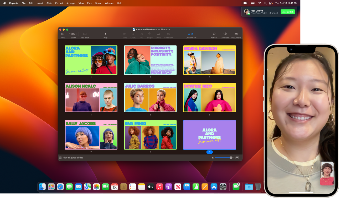 Keynoteウインドウが開いたMacのデスクトップの横にあるiPhone上のFaceTime通話。Macの右上隅に、FaceTime通話をMacに切り替えるためのボタンがあります。