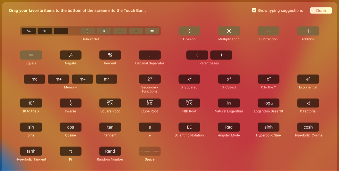 Os itens da Touch Bar da Calculadora que você pode personalizar ao arrastar para a Touch Bar.