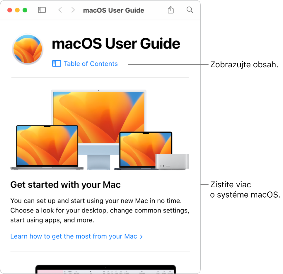 Úvodná obrazovka Príručky užívateľa pre macOS zobrazujúca odkaz na obsah.