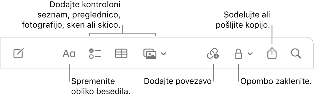 Orodna vrstica Notes z oblački za obliko besedila, kontrolni seznam, tabelo, povezavo, fotografije/medije, zaklenite, delite in pošljite orodja za kopiranje.