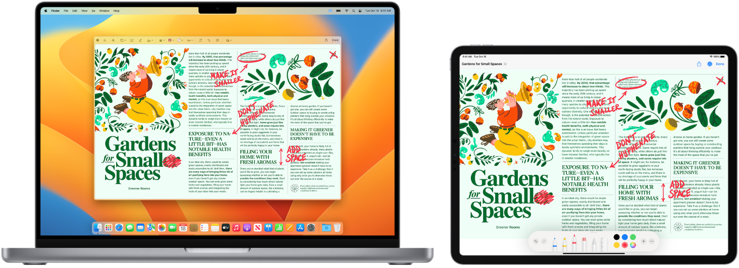 Računalnik MacBook Pro in iPad drug poleg drugega. Oba zaslona prikazujeta članek, prekrit z ročno napisanimi rdečimi spremembami, na primer prečrtani stavki, puščice in dodane besede. Na dnu zaslona iPada so krmilni elementi za označevanje.