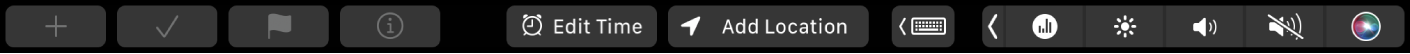 Vrstica Touch Bar v aplikaciji Reminders z gumbi za nov opomnik, preverjanje, označevanje, informacije ter gumboma Edit Time in Add Location.