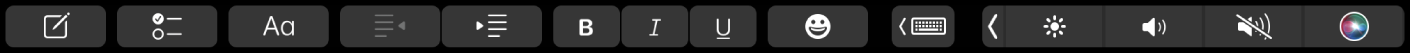 Vrstica Touch Bar v aplikaciji Notes z gumbi za oblikovanje besedila. Upravljalni elementi za oblikovanje vključujejo poravnavo levo in desno ter krepki, ležeči in podčrtani slog besedila. Na voljo je tudi gumb za prikaz predlogov za tipkanje.