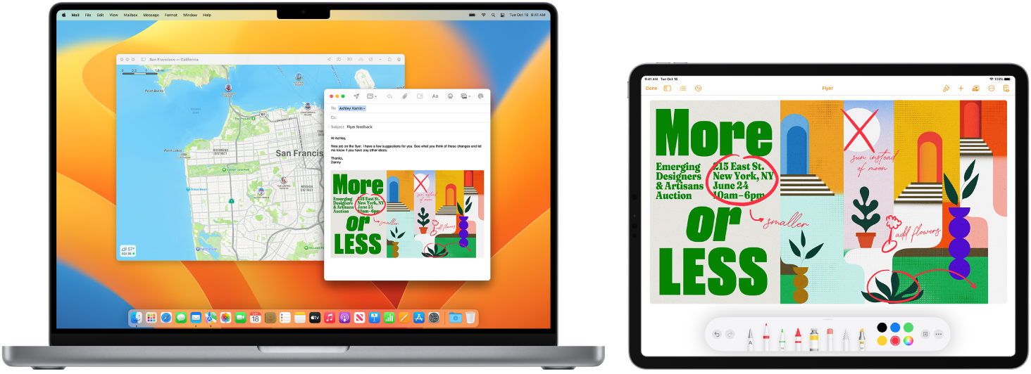 En MacBook Pro och en iPad visas bredvid varandra. På iPad-skärmen visas ett flygblad med anteckningar. På skärmen som används av MacBook Pro finns ett mejl i Mail med flygbladet med anteckningar från iPad som en bilaga.