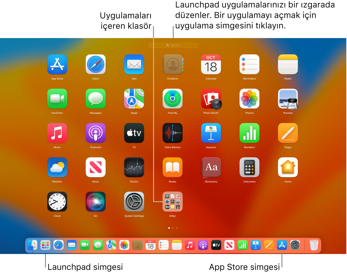 Launchpad’in açık olduğu, Launchpad’de bir uygulama klasörünün ve Dock’ta da Launchpad simgesi ile App Store simgesinin gösterildiği bir Mac ekranı.