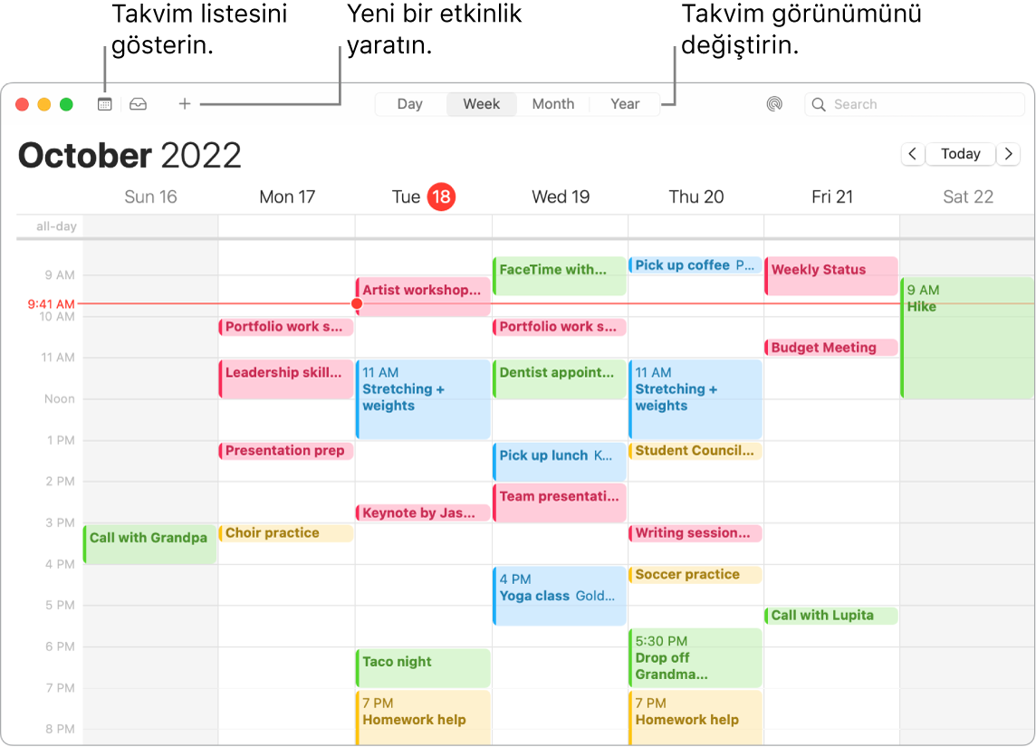 Takvim listesini, etkinlik yaratmayı ve Gün, Hafta, Ay veya Yıl görüntüsünü seçmeyi gösteren bir Takvim penceresi.