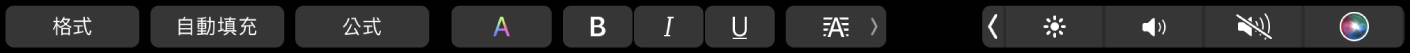 Numbers 觸控列帶有下列按鈕：格式、自動填充和公式按鈕。也包含顏色、粗體、斜體、底線和對齊等文字格式按鈕。