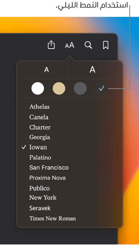 نافذة في تطبيق الكتب تعرض قائمة المظهر.