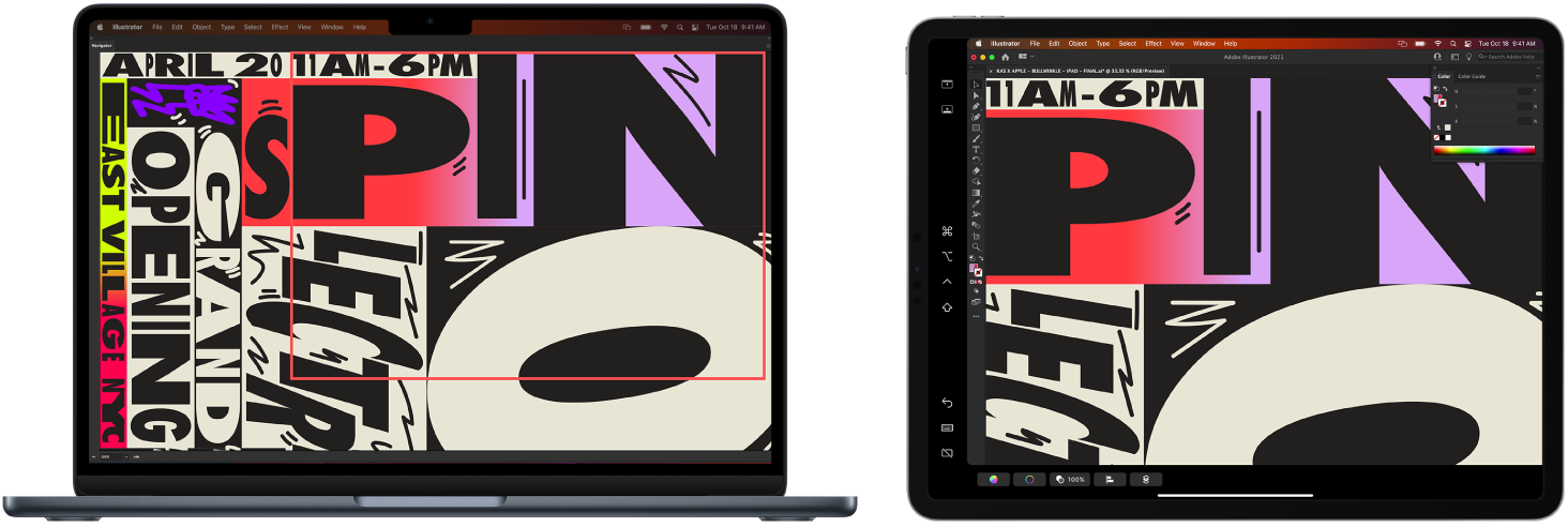 جهاز MacBook Air و iPad جنبًا إلى جنب. يعرض الـ MacBook Air عملاً فنيًا داخل نافذة المتصفح في Illustrator. يعرض الـ iPad نفس العمل الفني في نافذة مستند في Illustrator، محاطًا بأشرطة أدوات.