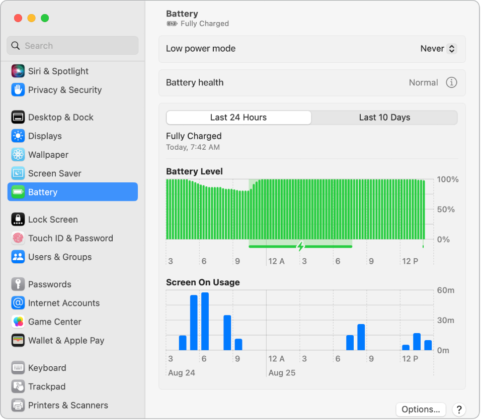 La ventana de configuración Batería con los últimos 10 días de uso de energía. La ventana muestra también que la Condición de la batería es normal, y hay una opción para activar Ahorrar batería.