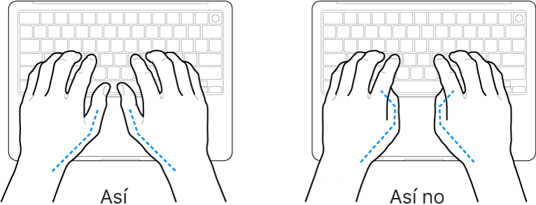 Manos colocadas sobre un teclado que muestran una posición correcta e incorrecta de los pulgares.