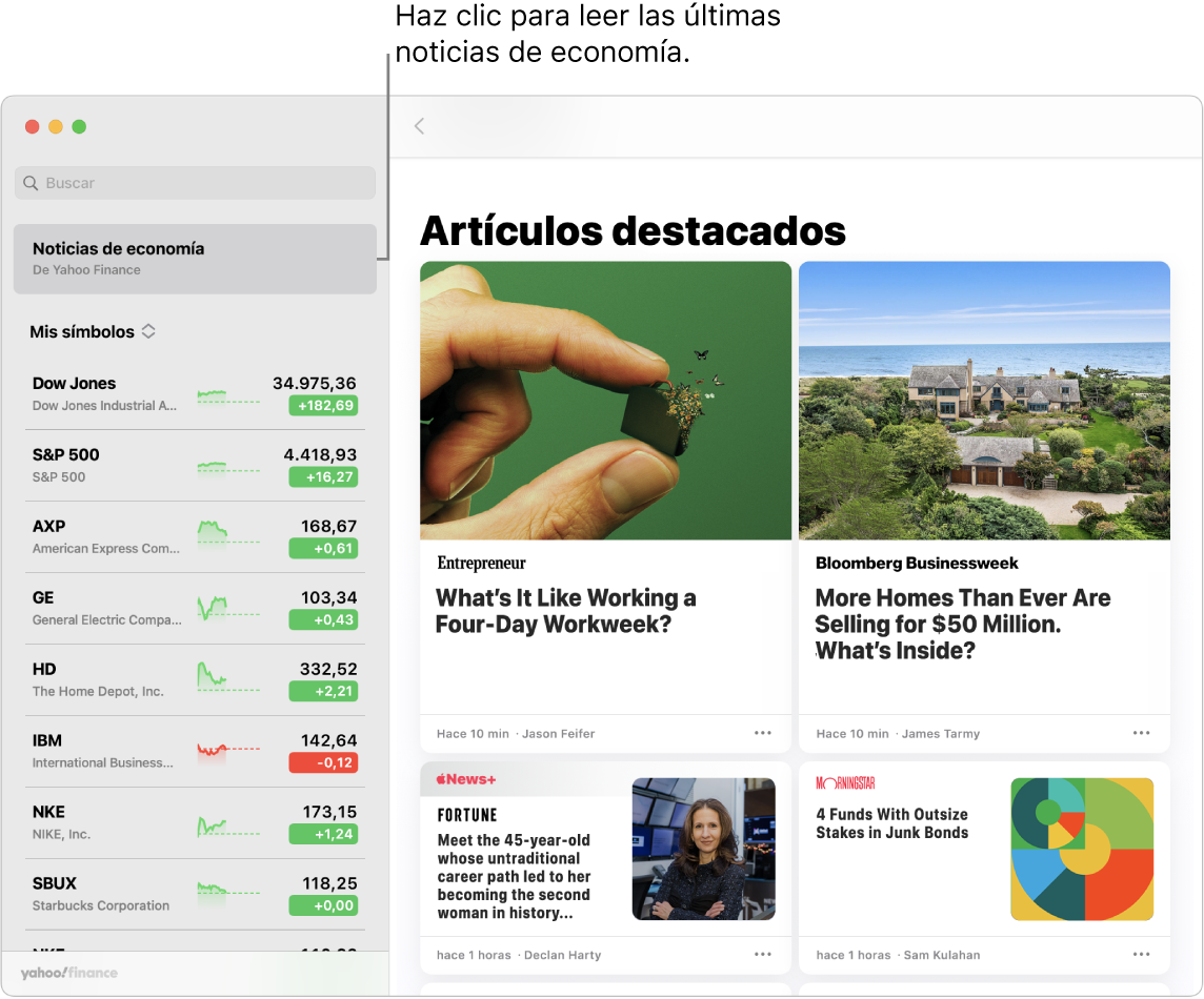 El dashboard de Bolsa con los precios de mercado en una lista de valores con sus correspondientes Artículos destacados.